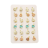 Stainless Steel Cubic Zirconia Stud Earring, Triangle, gold color plated, with cubic zirconia, mixed colors 