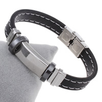 Silikon Edelstahl Armbänder, mit Non- magnetische Hämatit & Silikon, mit Brief Muster, originale Farbe, 23x12x6mm, Länge:ca. 7.5 ZollInch, verkauft von Strang
