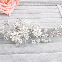 Bridal Decorative Hair Comb, Zinc Alloy, with ABS Plastic Pearl, Flower, platinum color plated, handmade & for bridal & with rhinestone, lead & cadmium free 
