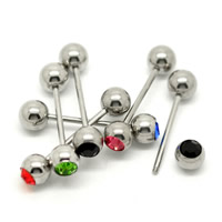 Stainless Steel Tongue Ring, 316L Stainless Steel, with rhinestone, mixed colors, 19mm, 6mm, 5mm 