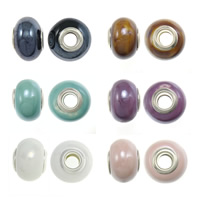 Brass Core European Porcelain Beads, Drum, silver color plated, brass double core without troll 