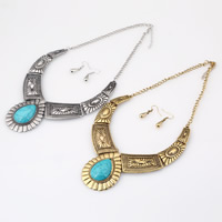 Resin Jewelry Sets, Zinc Alloy, earring & necklace, with Resin, stainless steel earring hook, with 2.4lnch extender chain, Teardrop, plated, imitation turquoise & twist oval chain 25mm Approx 18 Inch 