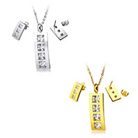 Cubic Zirconia Stainless Steel Jewelry Sets, earring & necklace, with 2lnch extender chain, Rectangle, plated, oval chain & with cubic zirconia Approx 17.5 Inch 