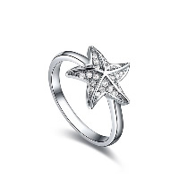 El anillo de dedo Newegg®, metal, Estrella de Mar, chapado en platina real, micro arcilla de zirconia cúbica & para mujer, 14x14mm, tamaño:7, Vendido por UD