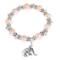 Cultured Freshwater Pearl Brass Bracelet, with Brass, Elephant, antique silver color plated, natural & charm bracelet, 10-11mm Approx 6.5 Inch 
