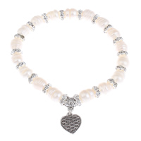 Cultured Freshwater Pearl Brass Bracelet, with Brass, Heart, plated, natural & charm bracelet & with rhinestone, 6-7mm Approx 7 Inch 