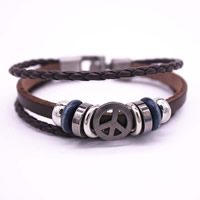 Unisex Bracelet, Cowhide, with PU Leather & Wood & Zinc Alloy, Peace Logo, plated  Approx 6.7 Inch 