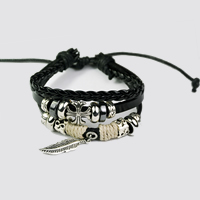 Men Bracelet, Cowhide, with Waxed Cotton Cord & PU Leather & Hematite & Zinc Alloy, Feather, platinum color plated, braided bracelet & charm bracelet & adjustable & for man &  & blacken, black Approx 6.7 Inch 