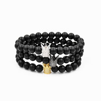 Black Agate Bracelets, with Brass, Crown, plated, natural & Unisex & micro pave cubic zirconia & frosted 8mm Approx 7.5 Inch 