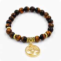 Bracelets en pierres oeil de tigre, avec alliage de zinc, Placage de couleur d'or, naturel & bracelet à breloques & unisexe, 8mm Environ 7.5 pouce, Vendu par brin