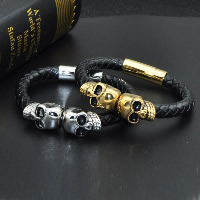 Men Bracelet, Cowhide, with Stainless Steel, Skull, plated, for man & blacken 7mm Approx 8.2 Inch 