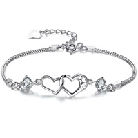 Cubic Zirconia Brass Bracelets, with 2.5cm extender chain, Heart, real silver plated, with cubic zirconia, lead & cadmium free, 165mm Approx 8 Inch 