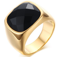 Нержавеющая сталь Человек палец кольцо, нержавеющая сталь, с Черный агат, Прямоугольная форма, плакированный настоящим золотом, природный & Мужский & граненый, 16mm, размер:11, продается PC