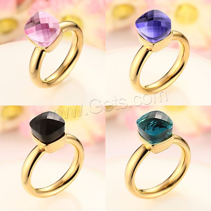 Stainless Steel Finger Ring, with Glass, Square, real gold plated, different size for choice & for woman & faceted, more colors for choice, 4mm, Sold By PC