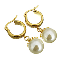 Stainless Steel Lever Back Earring, with Glass Pearl, gold color plated 38mm 