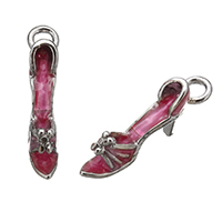 Colgantes de zapatos de latón, metal, chapado en color de platina, esmalte, color rojo rosado brillante, 4x22x8mm, agujero:aproximado 2.2mm, Vendido por UD