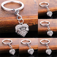 Rhinestone Zinc Alloy Key Chain, Heart, platinum color plated & with letter pattern & with rhinestone, 20mm 