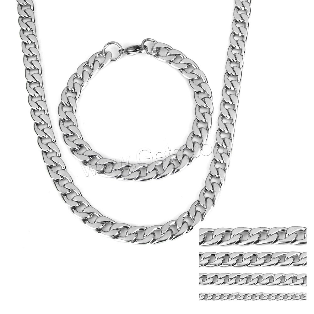 Refine Stainless Steel Jewelry Sets, bracelet & necklace, different size for choice & curb chain, original color, Length:Approx 24 Inch, Approx 8 Inch, Sold By Set