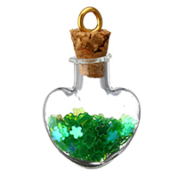 Glasflasche Anhänger, Glas, mit Zinklegierung Stiftöse & Holzpfropfen & Kunststoff Pailletten, Herz, goldfarben plattiert, grün, 22x32x10mm, Bohrung:ca. 4mm, verkauft von PC