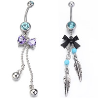 Stainless Steel Belly Ring, Bowknot, painted & enamel & with rhinestone, original color 