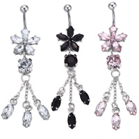 Stainless Steel Belly Ring, with Crystal, Tassel, faceted & with rhinestone 