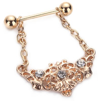 Stainless Steel Nipple Ring, 316L Stainless Steel, gold color plated, with rhinestone 