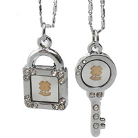 Zinc Alloy Couple Necklace, Lock and Key, platinum color plated, bar chain & with letter pattern & with rhinestone  