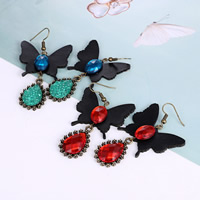 Crystal Drop Earring, Zinc Alloy, with PU Leather & Crystal, 316L stainless steel earring hook, Butterfly, antique bronze color plated, faceted 