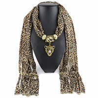 Polyester Long Pendant Scarf, with Zinc Alloy, Leopard, gold color plated, for woman & enamel & with rhinestone 