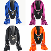Polyester Long Pendant Scarf, with Resin & Zinc Alloy, Owl, platinum color plated, for woman & with rhinestone 
