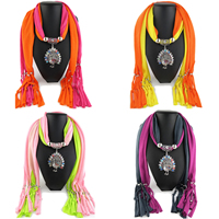 Polyester Long Pendant Scarf, with Zinc Alloy, Peacock, plated, for woman & with rhinestone 