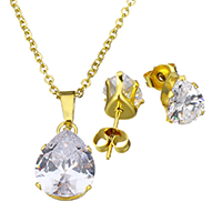 Cubic Zirconia Stainless Steel Jewelry Sets, earring & necklace, Teardrop, gold color plated, oval chain & for woman & with cubic zirconia   Approx 17.8 Inch 