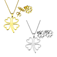 Fashion Stainless Steel Jewelry Sets, earring & necklace, Four Leaf Clover, plated, oval chain & for woman Approx 17.8 Inch 