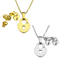 Fashion Stainless Steel Jewelry Sets, earring & necklace, Lock, plated, oval chain & for woman Approx 18 Inch 
