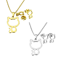 Fashion Stainless Steel Jewelry Sets, earring & necklace, Cat, plated, oval chain & for woman Approx 17.8 Inch 