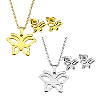 Fashion Stainless Steel Jewelry Sets, earring & necklace, Butterfly, plated, oval chain & for woman Approx 17.8 Inch 