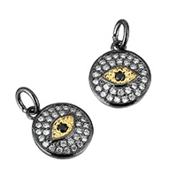 Cubic Zirconia Micro Pave Brass Pendant, Flat Round, plumbum black color plated, with eye pattern & micro pave cubic zirconia Approx 3.7mm 