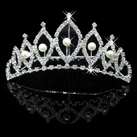 Bridal Tiaras, Zinc Alloy, with ABS Plastic Pearl, Crown, platinum color plated, for bridal & with rhinestone, lead & cadmium free, 95mm 