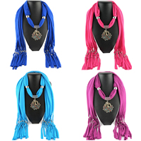 Polyester Long Pendant Scarf, with Zinc Alloy, Peacock, plated, for woman & with rhinestone 