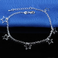 Brass Anklet, Star, silver color plated, rolo chain & for woman & hollow 