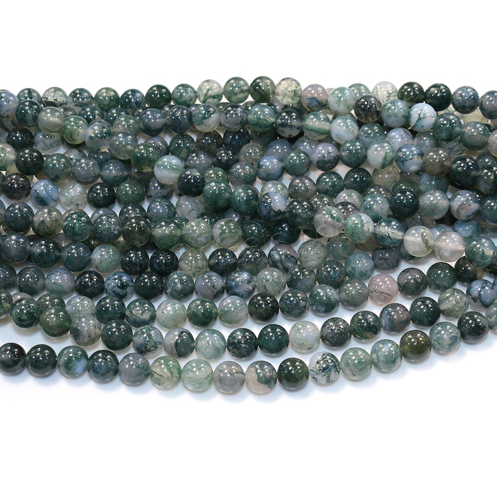 Perles en pierre d'agate mousse naturelle, Rond, normes différentes pour le choix, Trou:Environ 0.5-1.5mm, Longueur:Environ 15.5 pouce, Vendu par brin