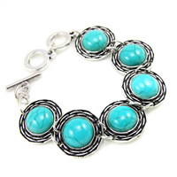 Zinc Alloy Turquoise Bracelets, with Synthetic Turquoise, Flat Round, antique silver color plated, for woman, lead & cadmium free, 19cm Approx 7.5 Inch 
