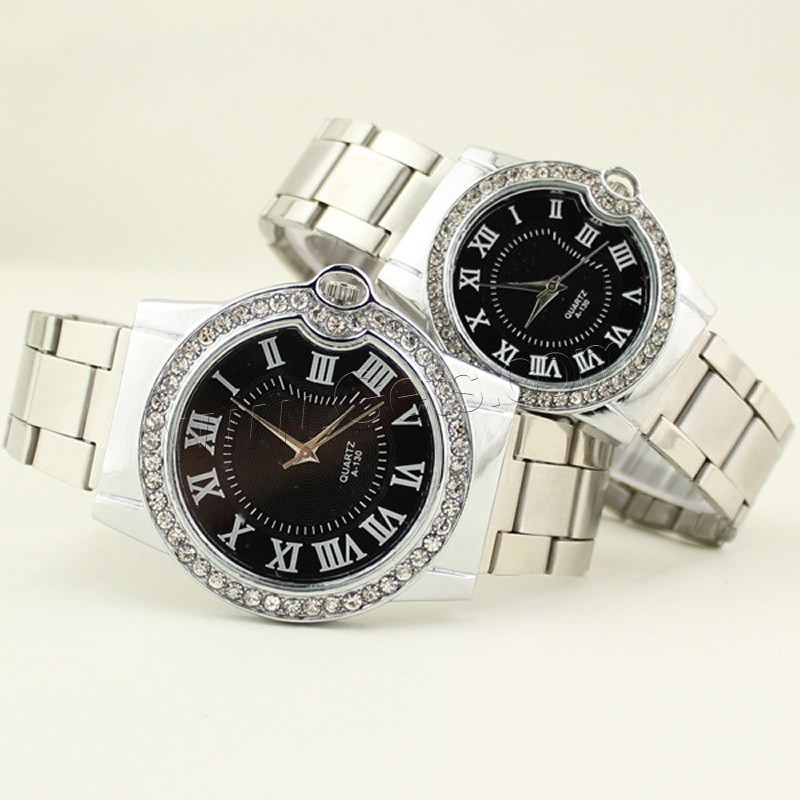 Unisexe Armbanduhr, Zinklegierung, mit Glas, Platinfarbe platiniert, verschiedene Stile für Wahl & mit Strass, keine, verkauft von PC