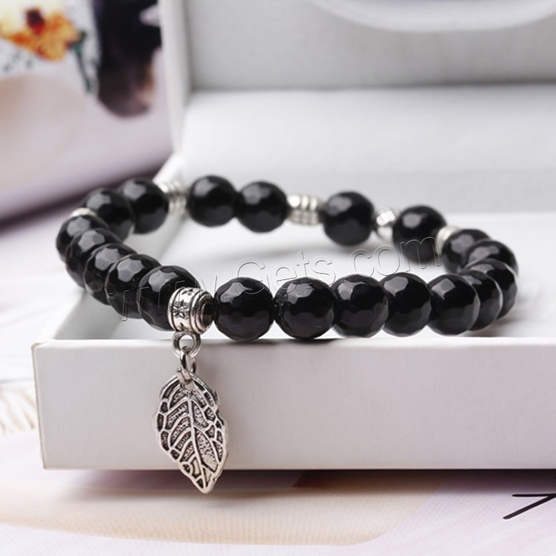 Jet Beads Bracelet, with Zinc Alloy, Leaf, antique silver color plated, charm bracelet & different size for choice & for woman, lead & cadmium free, Length:Approx 6.5 Inch, Sold By Strand
