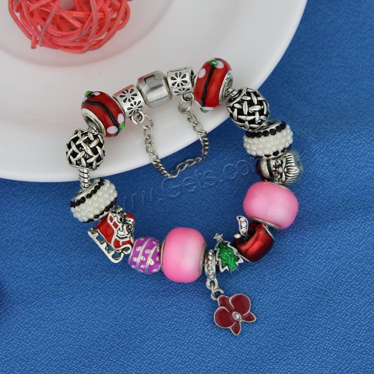 Zinc Alloy Christmas Bracelet, with brass chain & Lampwork & Resin, Flower, plated, charm bracelet & different length for choice & Christmas jewelry & snake chain & for woman & enamel & with rhinestone, Sold By Strand
