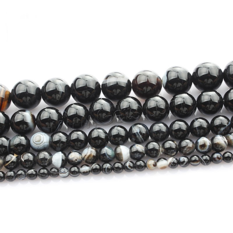 Natürliche Streifen Achat Perlen, rund, verschiedene Größen vorhanden, schwarz, Länge:ca. 15 ZollInch, verkauft von Strang