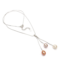 Стерлингового серебра жемчужное ожерелье, Пресноводные жемчуги, с Серебряная цепочка, Каплевидная форма, натуральный, змея цепи, разноцветный, 7-8mm, длина:Приблизительно 17 дюймовый, продается Strand