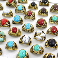 Unisex Finger Ring, Zinc Alloy, with Synthetic Turquoise, antique gold color plated, mixed, lead & cadmium free - US Ring 