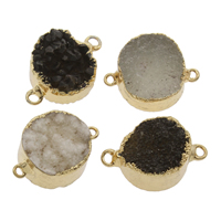 Natural Agate Druzy Connector, Ice Quartz Agate, with Zinc Alloy, Flat Round, gold color plated, druzy style & 1/1 loop, mixed colors - Approx 2.5mm 