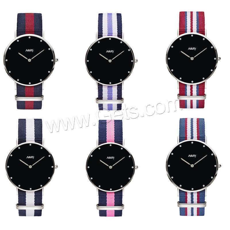 Unisex Wrist Watch, Nylon, with zinc alloy dial & Glass & Stainless Steel, platinum color plated, adjustable & different size for choice & waterproof & with rhinestone, more colors for choice, Sold By PC